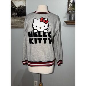 Hello Kitty Sanrio gray striped ribbed trim crew neck sweatshirt womens medium
